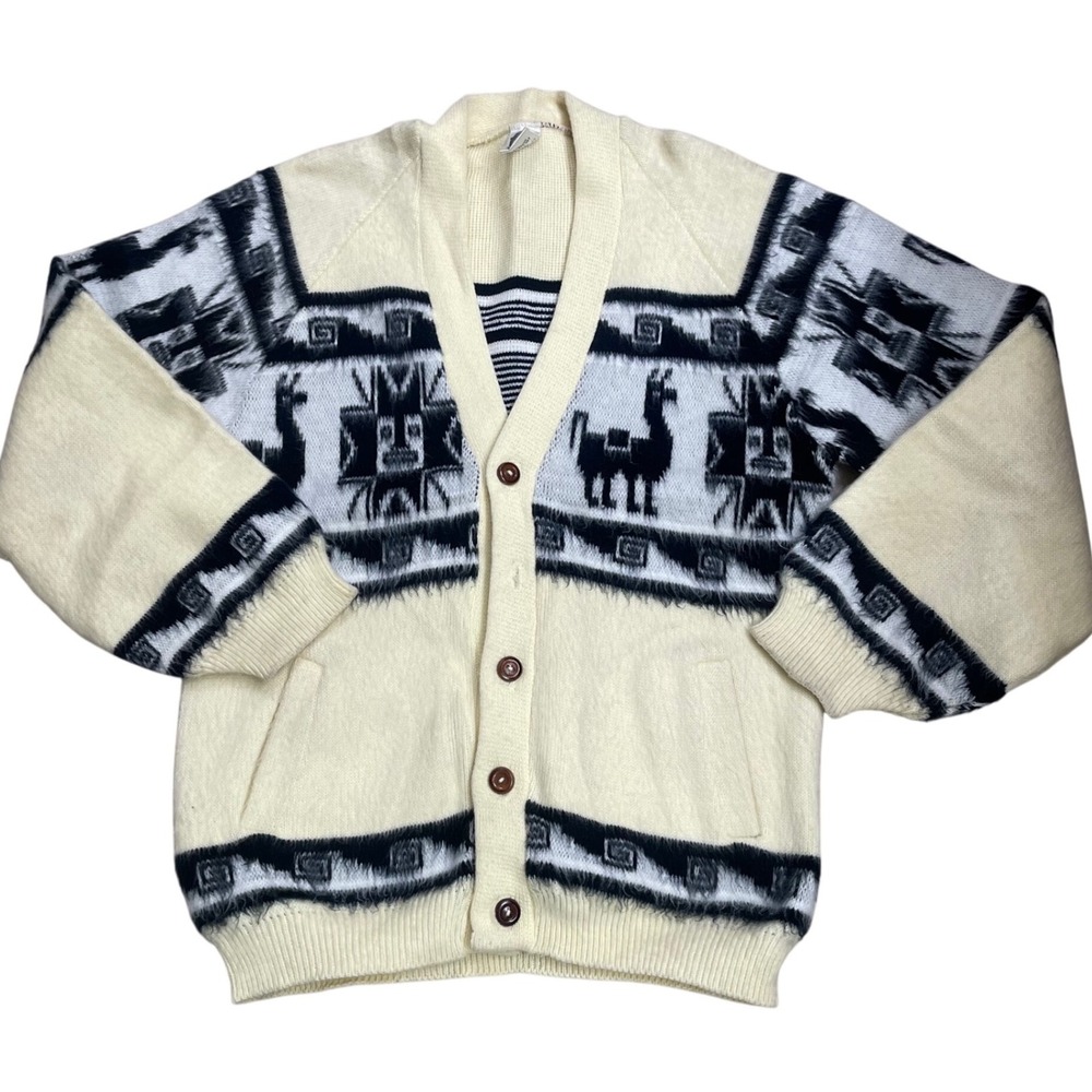 Inca Artesanias Ecuador Llama Knit Button Front Cardigan Cream  L missing button